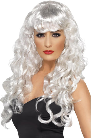 Smiffys Siren Wig, White Long, Curly with Fringe, New but open scruffy box