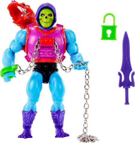 Masters of the Universe Origins Deluxe Dragon Blast Skeletor Action Figure, condition used- acceptable, missing sword, chain, padlock, comic, damaged pack