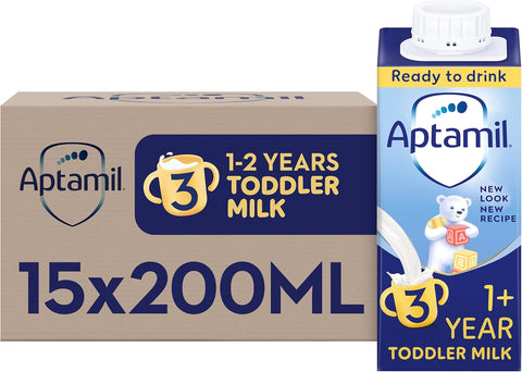 Aptamil 3 Toddler Milk, Ready to Drink, 1-3 Years, 15x200ml, best before 27/02/26, 1 dented, scruffy box, taped