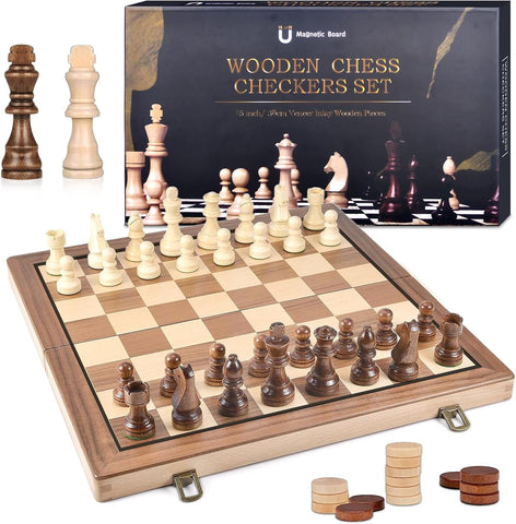 2-in-1 Chess Set, Magnetic Board, Used- very good, chip on the corner of the board, few little scratches on the board, damaged box