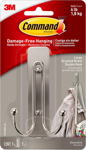 Command Brushed Nickel Double Hook for Indoor Use - 1 Metal Large Hook and 1 Adhesive Strip- new but open/scruffy pack/ missing tape