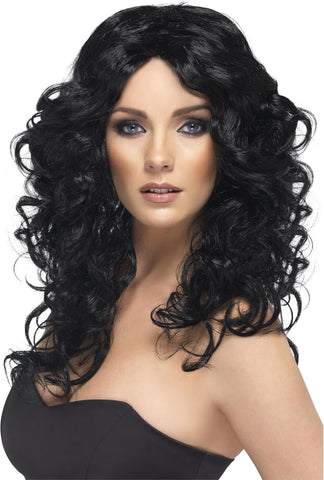 Smiffys Glamour Wig, Black Long, Curly, Ladies Glamour Wigs Fancy Dress-new but open scruffy packaging