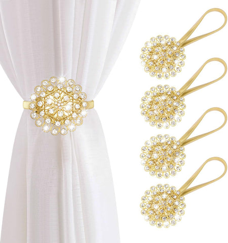 AULEEP Magnetic Curtain Tiebacks, 3 Pack only Modern Metal Curtain Tie Backs, Crystal Gold- new but only 3 tie backs not 4, scruffy box