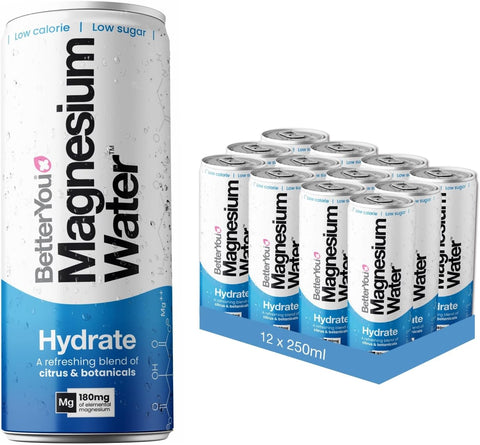 BetterYou Magnesium Mineral Water Pack of 12x250 ml- best before 09/10/25- damaged box and taped, may be some dented cans