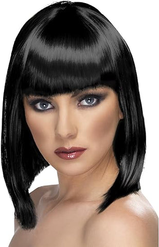 Smiffys Glam Wig, Black Short, Blunt with Fringe, New but open scruffy box