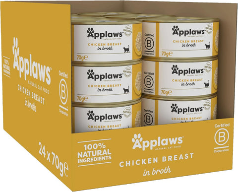 Applaws 100% Natural Wet Cat Food, Chicken Breast in Broth, 24x70 g Tins, best before 08/27