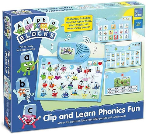 ALPHABLOCKS Clip & Learn Phonics Fun Toy, used-good condition, cards have sign of use, open-scruffy box