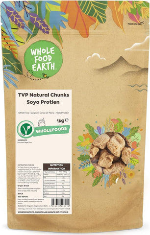Wholefood Earth TVP Natural Chunks Soya Protien 1 kg- best before 07/05/25