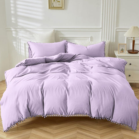 WONGS BEDDING Lilac Duvet Cover King Size Pom Pom Tassels with Zipper Closure (220x230cm)- new but missing one pillow case