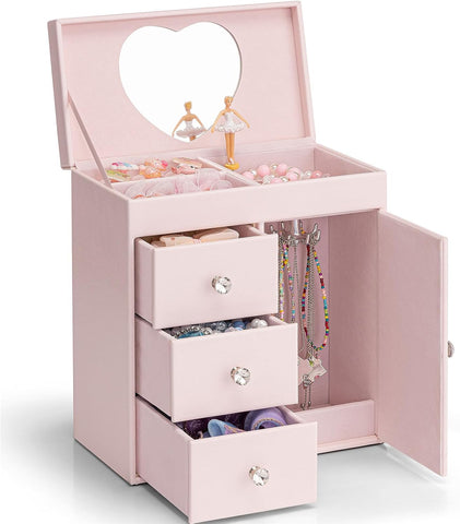 Vlando Girls Jewellery Box, 4 Layer Music Box with Ballerina, Pink, New, open, scruffy box