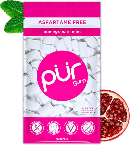 PUR 100% Xylitol Chewing Gum, Sugarless Pomegranate Mint 77g- best before 06/09/26