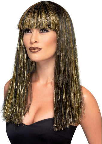 Smiffys Egyptian Goddess Wig, Black with Gold Tinsel, New but open, scruffy box