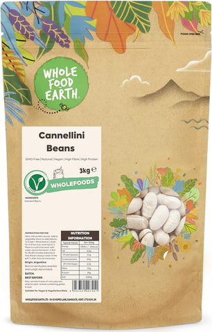 Wholefood Earth Cannellini Beans 3 kg | GMO Free | Natural | High Fibre | High Protein- best before 08/11/24- open pack and taped- (Ref E130)
