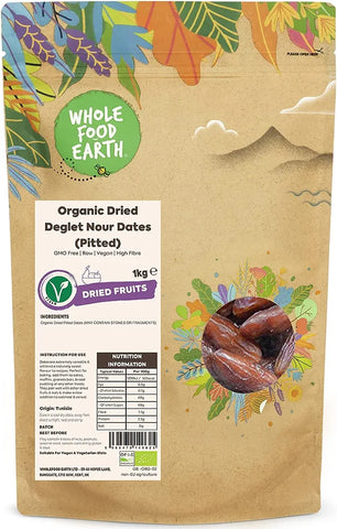 Wholefood Earth Organic Dried Deglet Nour Dates (Pitted) – 1 kg - best before 22/07/24- (ref T17-2)