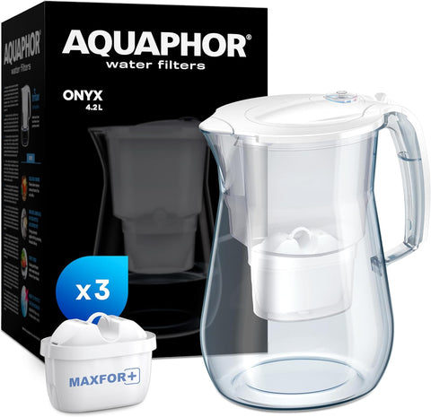 AQUAPHOR Water filter jug Onyx White incl. 3 MAXFOR+ filters I Table top 4.2l Capacity- used acceptable dirty needs to be washed only 1 filter in open packaging, open damaged box