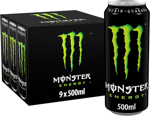 Monster Energy Drink, 9 x 500 ml, best before 4/27, scruffy box