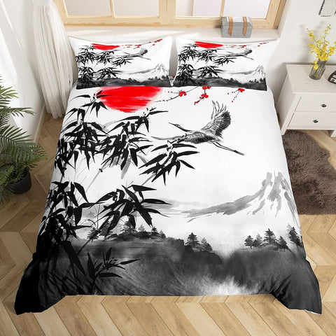 Homewish Japanese-Style Duvet Cover Mountain Crane Bedding Set King Size- Grey White- new but open bag