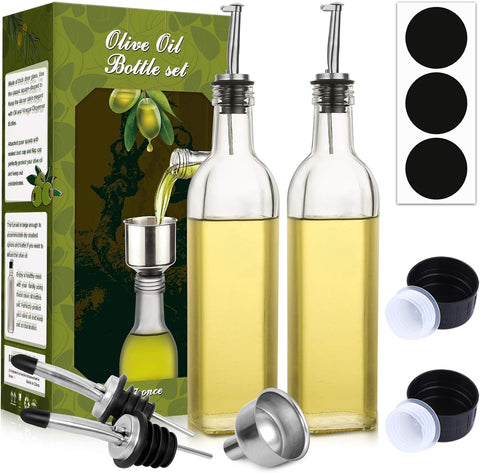 Aozita 17 oz Glass Olive Oil Dispenser Bottle Set 2x 500ml, condition new but broken box, 1 lid missing