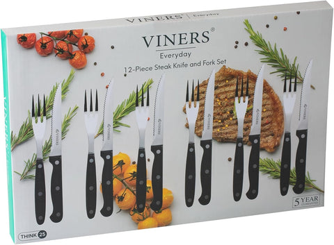 Viners Everyday 12 Piece Silver Stainless Steel Steak Knife and Fork Set- new but open box- ID REQUIRED