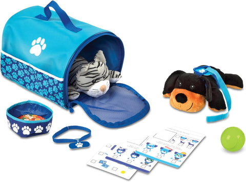 Melissa & Doug Tote & Tour Pet Travel Play Set, New but missing insert for food bowl, open, scruffy box