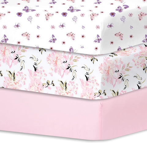 Bimocosy 3 Pack Cot Sheets 120 x 60cm  Butterfly, Flower, Pink Print new but no original packaging