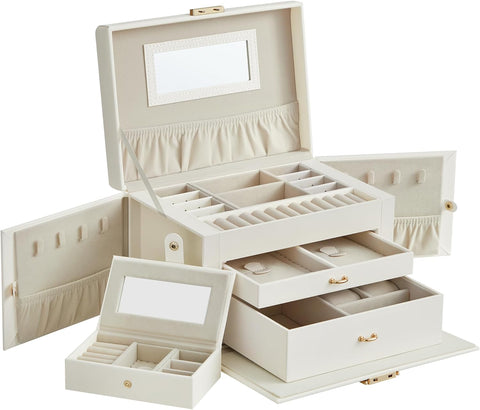 SONGMICS Jewellery Box 3 Layers with 2 Drawers, Cream White Lining- used very good, slight marks on top and lock and inside thorn, 1 drawer broken on the side, still can be used, open scruffy box