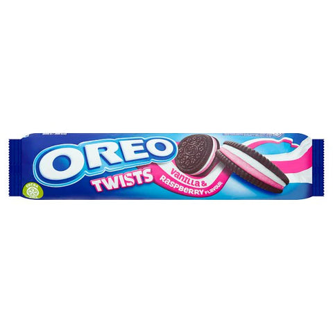 Oreo Twists Vanilla & Raspberry 157g- best before 02/25- scruffy pack, some may be crushed in the pack