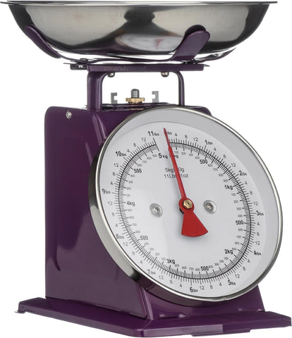 Premier Housewares Retro Kitchen Scales with Bowl Stainless Steel 5kg Food Scales Weighing, Purple-new but small dent and chip on paint to the back of the base, hardly visible, damaged opened box