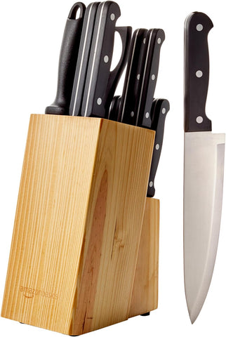 Amazon Basics 14psc Knife Block Set, Black, ID Required, New but knife sharpener has rust marks, 8'' bread knife stuck in the wood, open, scruffy packaging