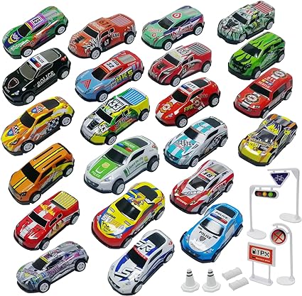 TOYABI Pullback Diecast Cars, 22Pcs Die Cast Metal Toy Cars With Roadblock, condition new but missing 8 cars of the set, open box