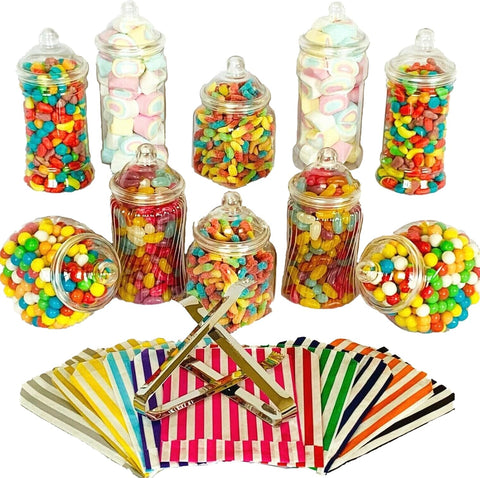 10 Plastic Sweet Jars, 5 styles, 2 tongs, 50 bags for Truly Sweet Candy Buffet (Purple)- new but 1 pair of tongs missing