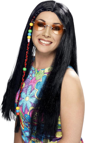 Smiffys Hippy Party Wig, Black Long with Coloured Beads, New but open, scruffy box