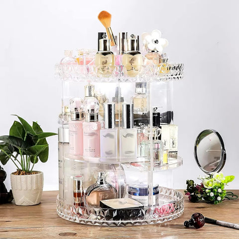 Makeup Organiser, 360 Degree Rotating Adjustable Cosmetic Display Stand Crystal Clear (8.67x11inches) new but open scruffy box