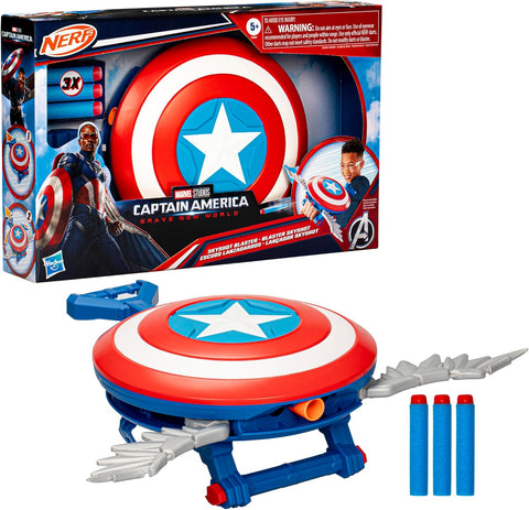 Marvel Studios Captain America Brave New World NERF Skyshot Blaster, Shield Roleplay Toy, Red , new , damaged , scruffy box