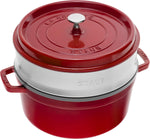 Staub Cast Iron Roaster/Cocotte, With Steam Insert, Round 26 cm, 5.2 L, With Matte Black Enamel Inside the Pot, Cherry Red- new but open /scruffy box