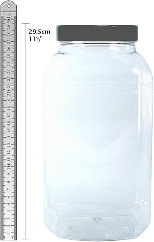 Britten & James Large Empty Plastic Jars 2x 4500ml, Black Lid, condition new but only 2, have dents at the bottom
