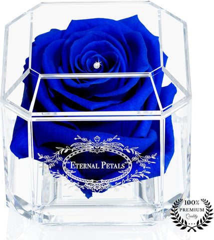 A 100% Real Rose That Lasts Years – White Gold Solo with A Clear Crystal (Dark Blue)- new but opened box