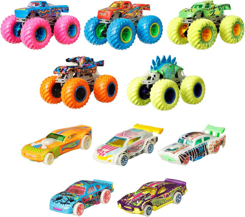Hot Wheels Monster Trucks Gitd Bundle, Used- good, some fading on cars, no original packaging