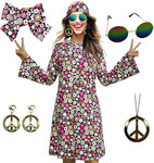 MRYUWB 70s Hippie Dress Costumes Necklace Earrings Sunglass Women Disco Outfit- new but scruffy packaging