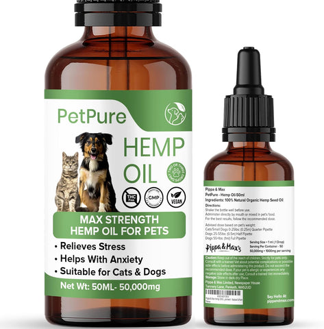 Pet Pure™ Hemp Oil for Dogs & Cats – 50ml, expiry date 05/27, scruffy box