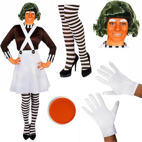 Ladies Chocolate Factory Worker Costume - Brown Top, White Skirt, Green Wig, Striped Tights, Gloves, Eyebrows, Facepaint  refurbished , size L (ref tt127)