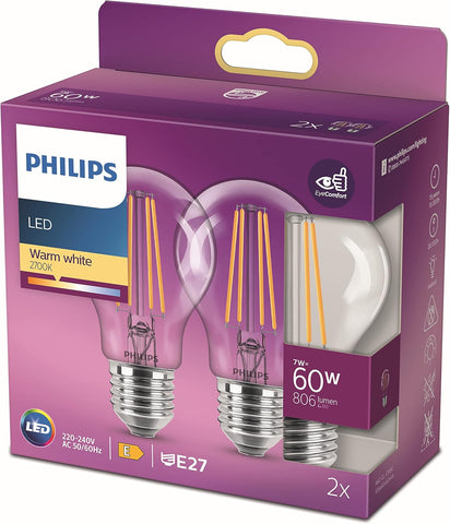 PHILIPS LED Premium Classic A60 Light Bulb 2 Pack, condition new, scruffy/damaged box, taped