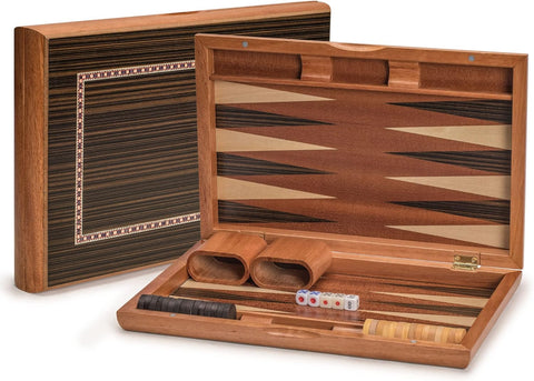 Yellow Mountain Imports Wooden Inlaid Backgammon Set, New but 1 counter missing, original box