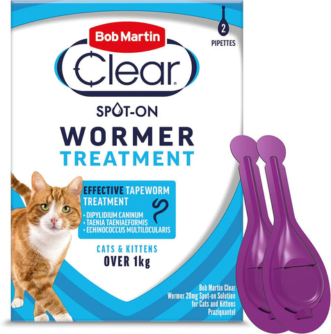 Bob martin Clear spot on wormer treatment cats & kittens over 1kg 2 pipettes- exp date 01/25, dented box