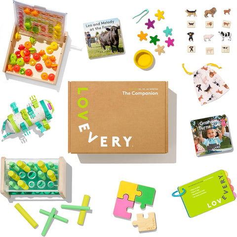 Lovevery, The Companion Play Kit, new but missing grahams turns two book, tweezers and felt stars, open box