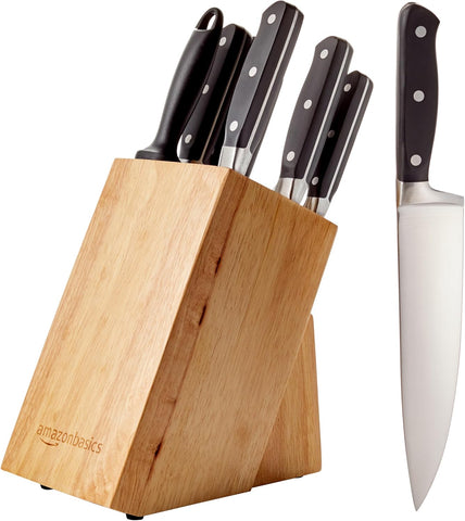 Amazon Basics Knife Block Set, 9pcs, Used- very good, knives sharp, some small marks ID required, scruffy box