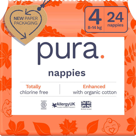 Pura Eco Baby Nappies - Size 4 (8-14kg / 18-31 lbs), 1 Pack (24 Nappies) slight broken packaging and bagged