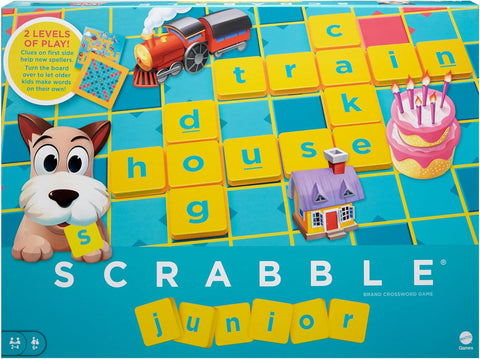 Mattel Games Scrabble Junior Kids Crossword Game with 2-Games-in-1, new but broken box