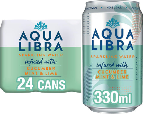 Aqua Libra Sparkling Water - Cucumber, Mint and Lime - 330 ml - Pack of 23 cans only, best before 01/27, some cans are dented