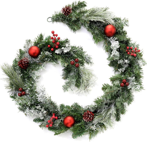 WeRChristmas Frosted Decorated Garland, 6 feet - Red, condition new, open, scruffy box